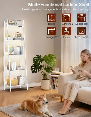 Ярусна вузька полиця-драбина зі світлодіодним підсвічуванням, сенсорним керуванням та дистанційним керуванням, 3 колірні температури, висока окремостояча полиця з регульованою яскравістю, виготовлена з металу та дерева для вітальні, спальні, офісу, біла, 