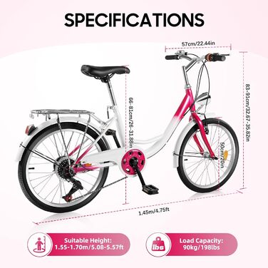 Преміальний 20-дюймовий велосипед для дівчаток, 6 швидкостей, рожевий, рама з вуглецевої сталі з передніми та задніми гальмами, регулювання висоти для зросту 145-165 см, максимальне навантаження 90 кг