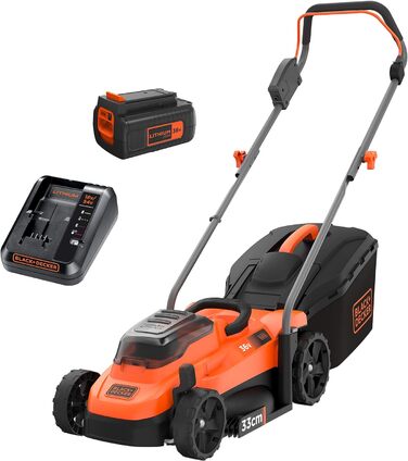 Акумуляторна газонокосарка BlackDecker BCMW3336L1 (36 В, 2,5 Ач, ширина зрізу 33 см, для газонів середнього розміру до 250 м, 5-позиційне регулювання висоти, в комплекті 1 акумулятор, зарядний пристрій, травозбірник на 35 л), помаранчевий/чорний