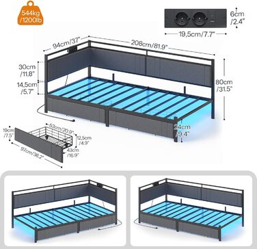 Диван-ліжко HOOBRO 90 x 200 см з 2 шухлядами, рейкова основа, каркас ліжка, м&39яке ліжко із зарядною станцією та світлодіодним освітленням, м&39яке ліжко, односпальне ліжко, для спальні, сірий та чорний EBG81CDBF01