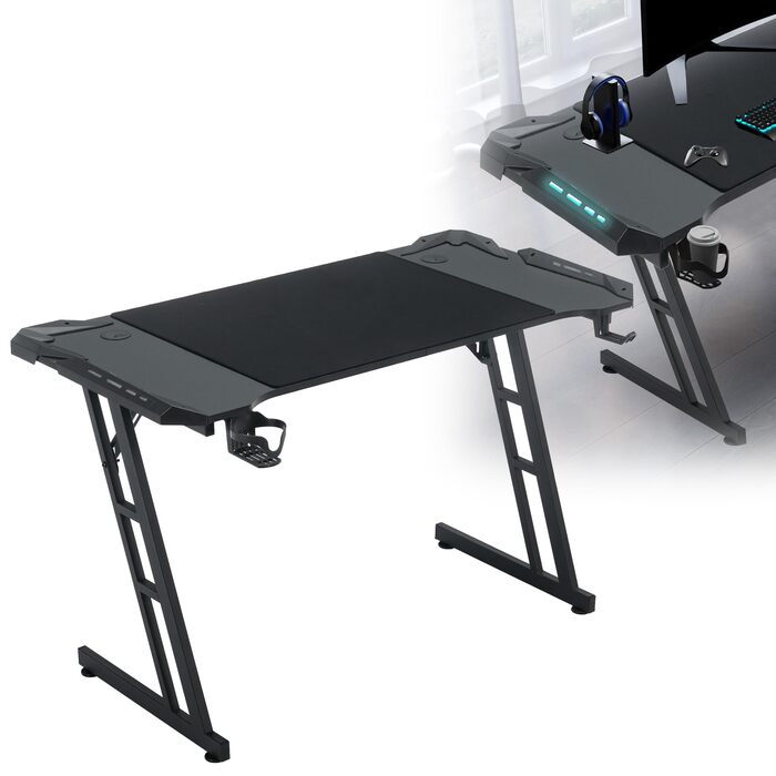 Ігровий стіл HENGMEI, ігровий стіл, комп&39ютерний стіл з підставкою для склянок, гачком для навушників, Z-подібний ПК-стіл, ігровий стіл для домашнього офісу, кутовий стіл, 140 x 60 см, тип B зі світлодіодним підсвічуванням, 140x60x75 см тип B зі світлод