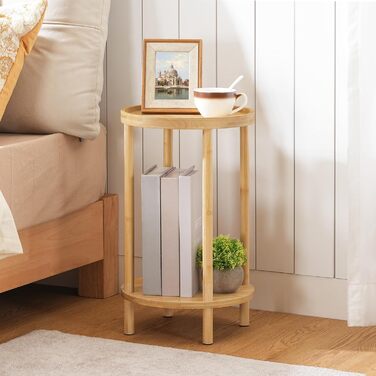 Круглий бамбуковий бічний столик HOOBRO, тумбочка з піднятим краєм, сучасний диван-столик, для невеликих приміщень, вітальні, спальні, коридору, вхідної зони, натуральний EYL156BZ01 натуральні кольори
