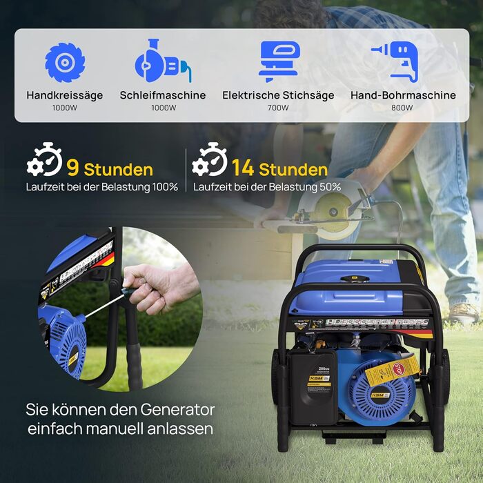 Бензиновий генератор потужністю 3000 Вт, 1-фазний, автоматичне керування AVR, світлодіодний дисплей, 4-тактний бензиновий двигун, 7 к.с., мідний генератор, бак 15 л, генератор потужністю 3 кВт (макс. 3300 Вт), 230 В 16 А