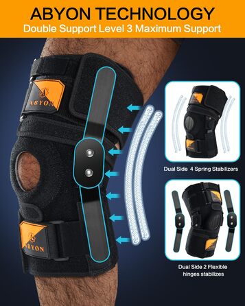 Колінний бандаж ABYON, регульований колінний бандаж для чоловіків та жінок, шарнірні пружини, подвійні посилені бічні стабілізатори, підтримка при артриті, розриви меніска (M) середній чорний