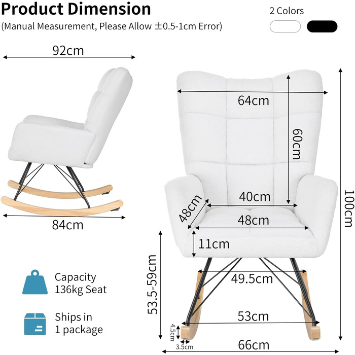 Крісло-гойдалка Clevich для вітальні, крісло-гойдалка з оббивкою з плюшевого тканини, дерев&39яними полозками та металевими ніжками, для вітальні, дитячої кімнати, спальні, вантажопідйомність до 136 кг, білий колір
