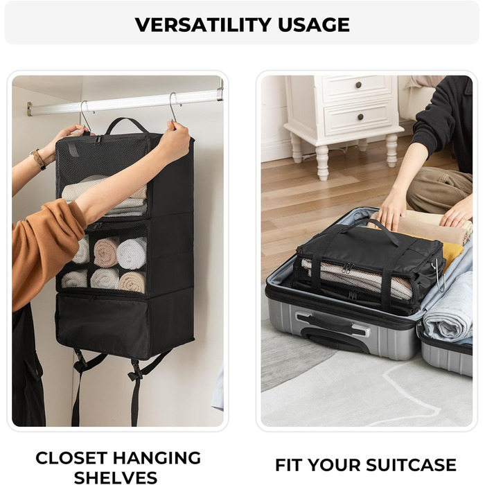 Підвісний органайзер для валізи з 3 відділеннями, складаний органайзер для гардеробу, портативна дорожня полиця, чорний підвісний органайзер-шафа, портативний підвісний дорожній органайзер середнього чорного кольору