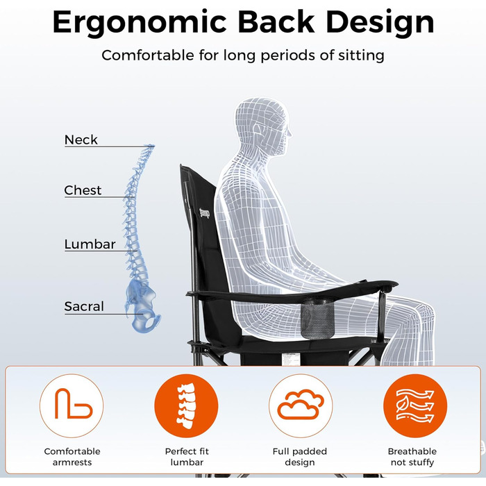 Крісло для кемпінгу KingCamp з сумкою-холодильником та тримачем для напоїв, кемпінгове крісло для дорослих, складні вуличні стільці для саду, пікніка, походів, використання в приміщенні, вантажопідйомність 136 кг, чорний