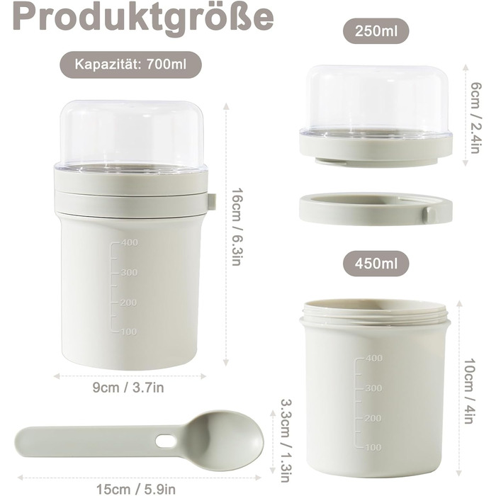 Набір контейнерів для сніданку та обіду To Go, 450 мл 250 мл контейнер для йогурту та мюслі з ложкою, герметичний стакан для мюслі та йогурту, ланчбокс (світло-сірий)