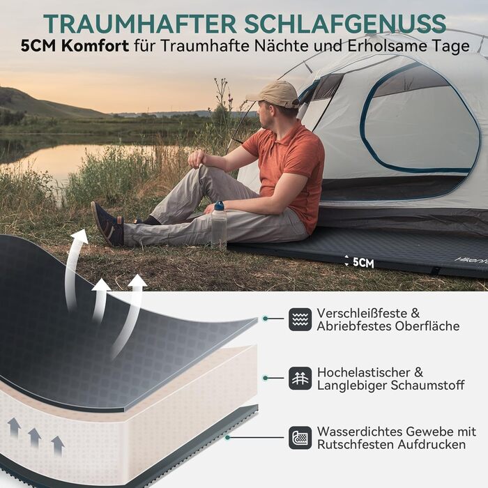 Самонадувальний килимок для сну HIKENTURE, пінопластовий кемпінговий матрац товщиною 5 см, самонадувальний повітряний матрац, зручний килимок для сну для кемпінгу, активного відпочинку, походів, подорожей, намету, темно-сірий