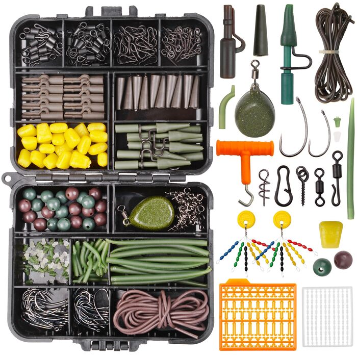 Набір снастей для лову коропа OROOTL, 277 предметів, коробка для риболовлі на коропа з аксесуарами, гачки для лову коропа, вертлюги, запобіжні затискачі, рукави проти заплутування