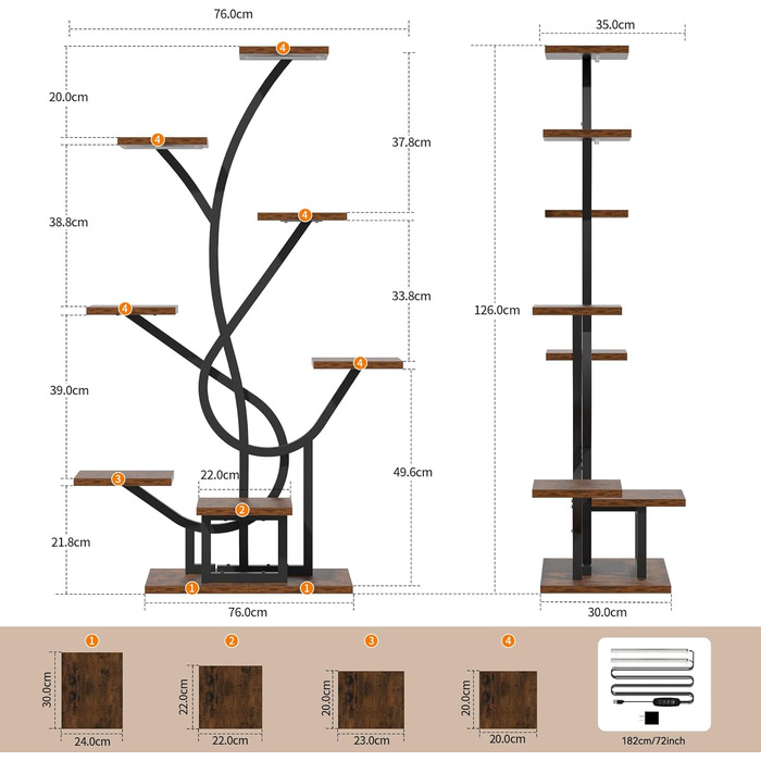 Підставка для рослин з лампою для вирощування - 8-ярусна підставка для квітів 126 см, полиця для рослин з металу та дерева - Квіткові драбини для приміщень та вулиці - Декоративна чорна квіткова підставка для балкону в приміщенні