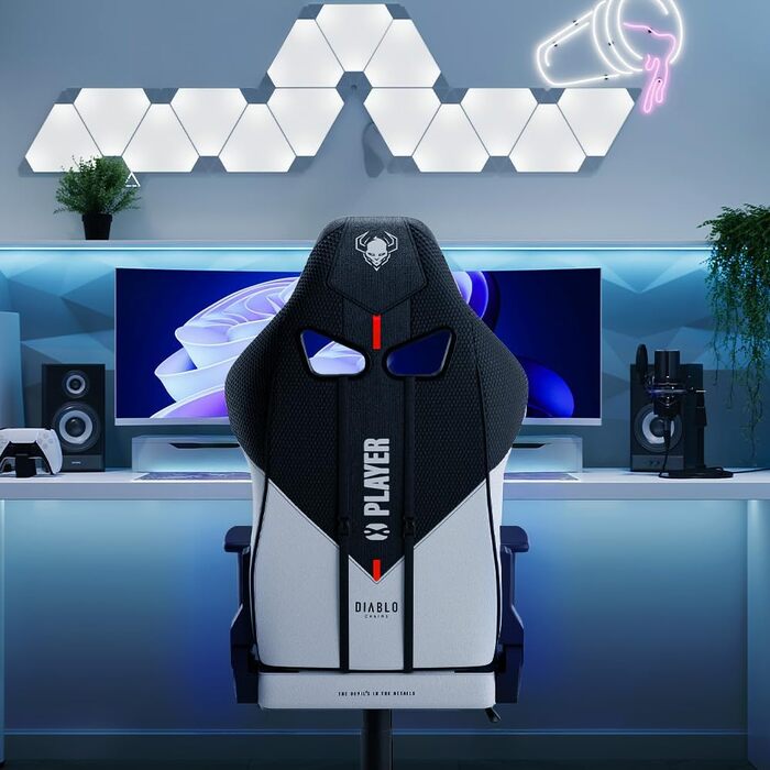 Ігрове крісло Diablo Fabric X-Player 2.0 - Широке сидіння - Ігрове крісло з 3D підлокітниками - Подушки для шиї/світлові подушки, функція гойдання - Офісне крісло 160 кг - Ергономічне ігрове крісло для ПК - King (XL) Біло-чорний King (XL)