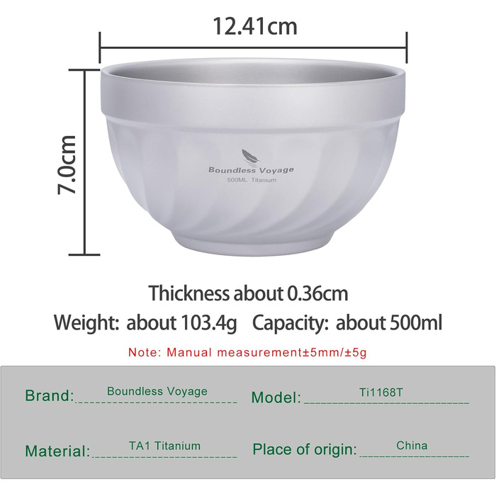 Двостінні титанові миски 500 мл вівсянка, рис, суп, миска, надлегка портативна посуд для кемпінгу на свіжому повітрі (титановий колір) Ti1168T 500 мл Ti1168t