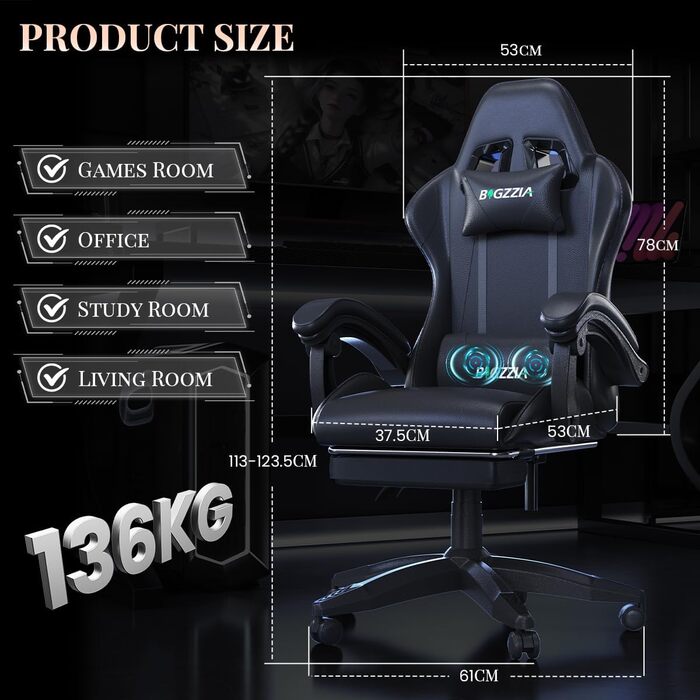 Ігрове крісло bigzzia з функцією масажу та висувною підставкою для ніг, ергономічне поворотне крісло, регульована спинка 90-135, м&39яке ігрове крісло з масажною поперековою подушкою та підголівником, чорне