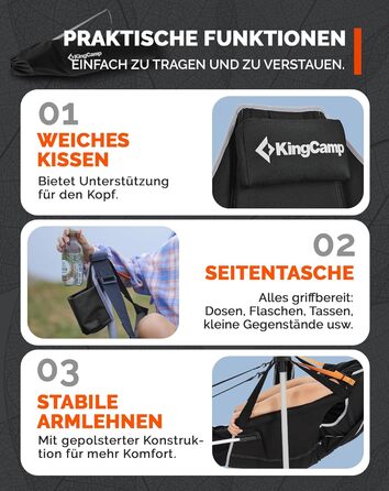 Легке крісло-гойдалка для кемпінгу KingCamp, складне крісло-гойдалка для кемпінгу з 3 регульованими спинками, розкладне вуличне крісло-гойдалка з тримачем для напоїв, підвісне крісло-гойдалка для використання в приміщенні, вітальня, сад, патіо, чорне з пі