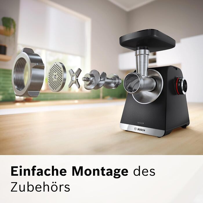 Електрична м'ясорубка Bosch MultiPower Serie 6 MFWS660B, 2100 Вт, нержавіюча сталь, 3 диски (3, 4.5, 8 мм), насадки для ковбас, кеббе та тертя, соковижималка, чорна