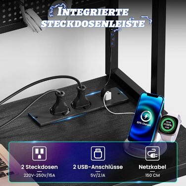 Письмовий стіл з перфорованою дошкою 135 x 90 см Кутовий стіл з полицею Великий ігровий стіл з розетками та портом USB для зарядки Ігровий стіл L-подібної форми з місцем для зберігання Чорний 135 x 90 x 152 см Чорний