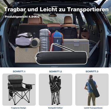 Складане кемпінгове крісло, вантажопідйомність 200 кг, з тримачем для напоїв та сумкою-холодильником, складне кемпінгове крісло, складне рибальське крісло з високою спинкою, чорне