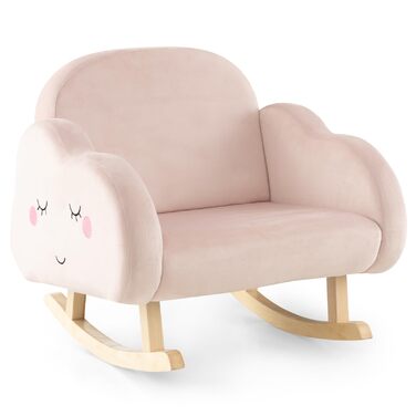 Дитяче крісло DREAMADE, Дитячий диван з велюрової тканини зі спинкою, ніжками з масиву дерева та пристроєм проти перекидання, Крісло-гойдалка для дитячої кімнати, Дитячої кімнати та Вітальні (Рожеві хмари)