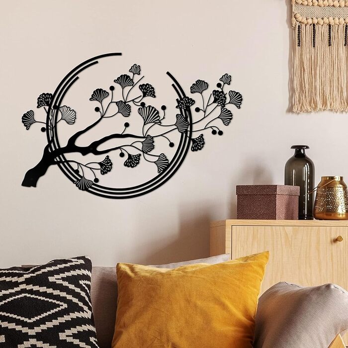 Великі металеві настінні картини з листя гінкго, чорне оздоблення стін підходить для вітальні, спальні, кабінету, офісу (чорний)