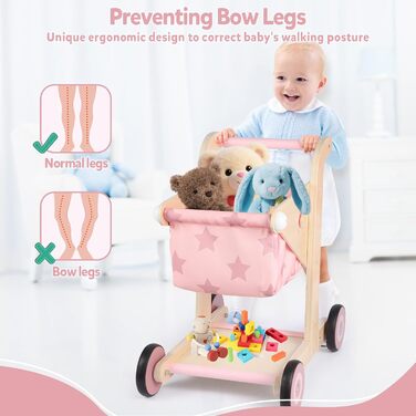 Дерев&39яні ходунки Asweets 2-в-1, коляска для ляльок, що штовхає та тягне, ходунки для малюків, іграшка для малюків від 12 місяців (рожеві)