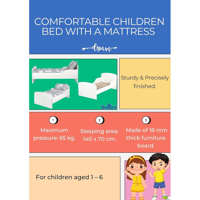 Функціональне ліжко Leomark з дерева - єдиноріг - дитяче ліжко з матрацом для дітей, дерев'яне ліжко з рейковою рамою з бічним зах