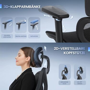 Ергономічне офісне крісло COLAMY Робоче крісло з подушкою сидіння у формі сідла для оптимального зняття тиску, дихаюче, 3D-підлокітники, підголівник, офіс/домашній офіс/кабінет, чорне Black-02