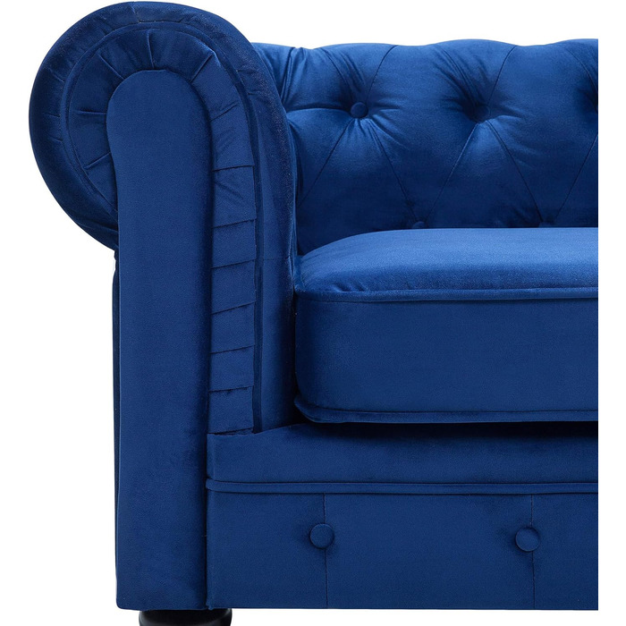 Місний диван Beliani, оксамит, синій, товсті подушки сидіння, підлокітники, ґудзикова обробка, стиль Честерфілд, 3-