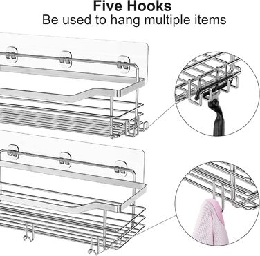 Душова полиця без свердління з нержавіючої сталі SUS304 з 5 гачками душові кошики для ванної кухні туалету 2 шт. и 2 шт. и 02-срібло