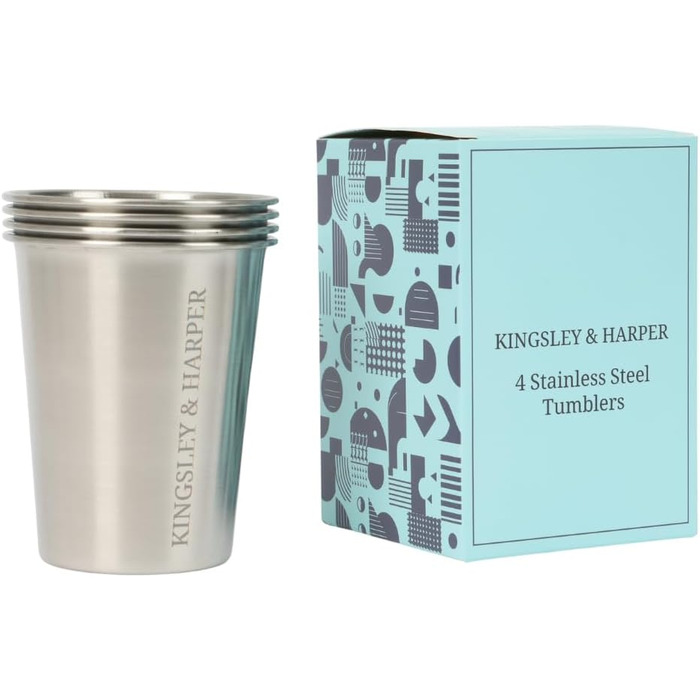 Стаканчики Kingsley & Harper з нержавіючої сталі, 335 мл (набір з 4 шт.) високоякісні, безпечні для харчових продуктів, стійкі до іржі, ударостійкі, багаторазові, екологічно чисті металеві стаканчики марки 304 для дітей, дорослих, кемпінгу, подорожей та.