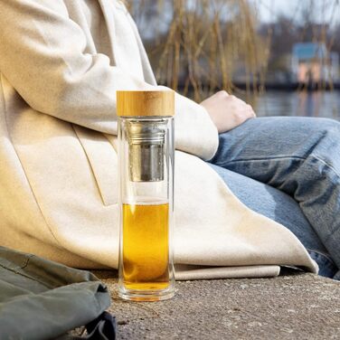 Скляна пляшка для чаю Navaris з нержавіючої сталі - пляшка для чаю 500 мл, чайник на винос - пляшка для пиття з боросилікатного скла з подвійними стінками та сірим прозорим рукавом