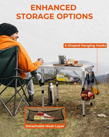 Складаний кемпінговий стіл Sportneer, регульована висота, маленький складний стіл, портативні кемпінгові столи (60 см Д x 40 см Ш (4 рівні висоти)) із сітчастим шаром для використання на вулиці, білий 60*40 см (4 рівні висоти)