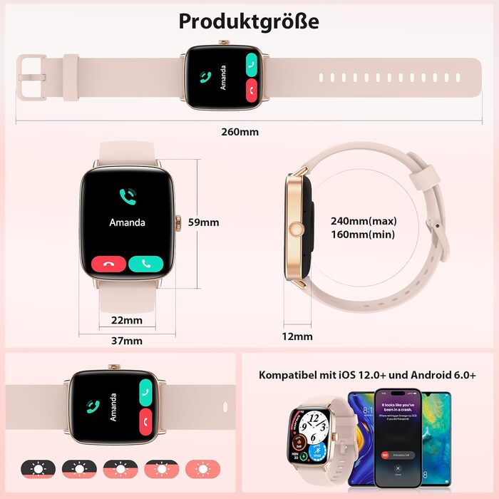 Жіночий смарт-годинник, 1,85-дюймовий смарт-годинник з функцією телефону, жіночий фітнес-годинник з пульсометром, монітором сну, SpO2, 110 спортивних режимів, крокомір, водонепроникний спортивний годинник IP68 для Samsung/iPhone/Android, 1,85 дюйма, рожев