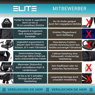 Ігрове крісло ELITE LED Pulse для дітей Ергономічне офісне крісло - Робоче крісло - Крісло керівника - Крісло - Гоночне ігрове крісло - Ігрове крісло - Обертове крісло - Крісло - Штучна шкіра (чорний/білий RGB)