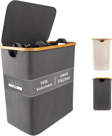 Кошик для білизни з 1 кришкою 2 відділення 150 л Бамбукова тканина Сірий Великий XXL - Кошик для білизни Сірий Темно-сірий Антраци