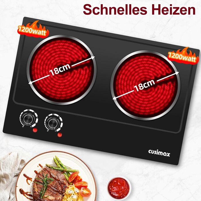 Інфрачервоні конфорки CUSIMAX 2 шт. електричні, склокерамічна варильна поверхня 2 варильні поверхні з термостатом для захисту від перегріву, подвійна конфорка ідеальна для приготування їжі, кемпінгова конфорка нержавіюча сталь чорна склокераміка 50.0 * 33