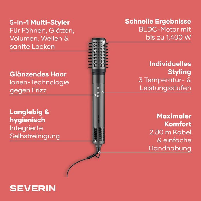 Стайлер для волосся 5-в-1 Severin S-Style Multi-Styler фен з іонізацією, брашинг з технологією Airflow, 5 насадок, 1500 Вт, компактний, антрацит, WL 0684