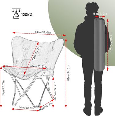 Складаний кемпінговий стілець eSituro, м&39який складний стілець, рибальський стілець з сумкою для перенесення, складний садовий стілець, стілець рибалки, форма метелика, виготовлений зі штучної замші та тканини Оксфорд, 84x88x67 см 1