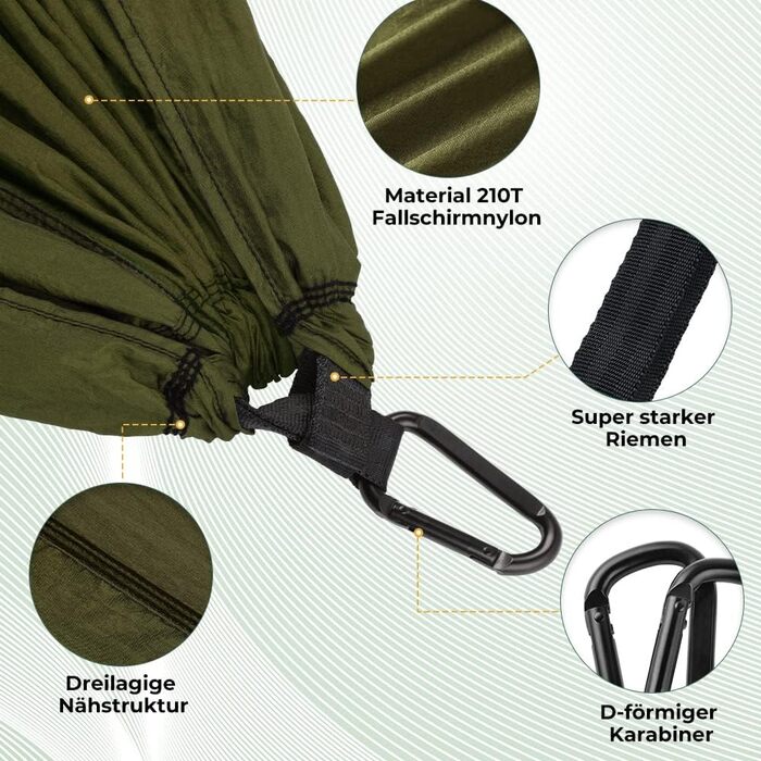 Ультралегкий гамак для подорожей Glymnis з підвісними тросами та сталевими карабінами, вантажопідйомність до 300 кг