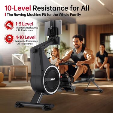 Домашній гребний тренажер, гребний тренажер з пневматичним та магнітним опором з 10 рівнями опору, велотренажер для користувачів до 158 кг, тиха подвійна рейка, світлодіодний монітор Bluetooth з тримачем для планшета, чорний BW7