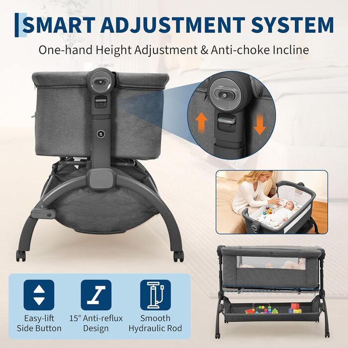 Дитяче ліжечко Garvee Baby Bed Crib, дитяче ліжечко 3-в-1, дорожнє ліжечко-колиска, регульована по висоті дитяче ліжко з матрацом, москітною сіткою та кошиком для зберігання, приліжкове ліжечко для новонароджених, темно-сіре