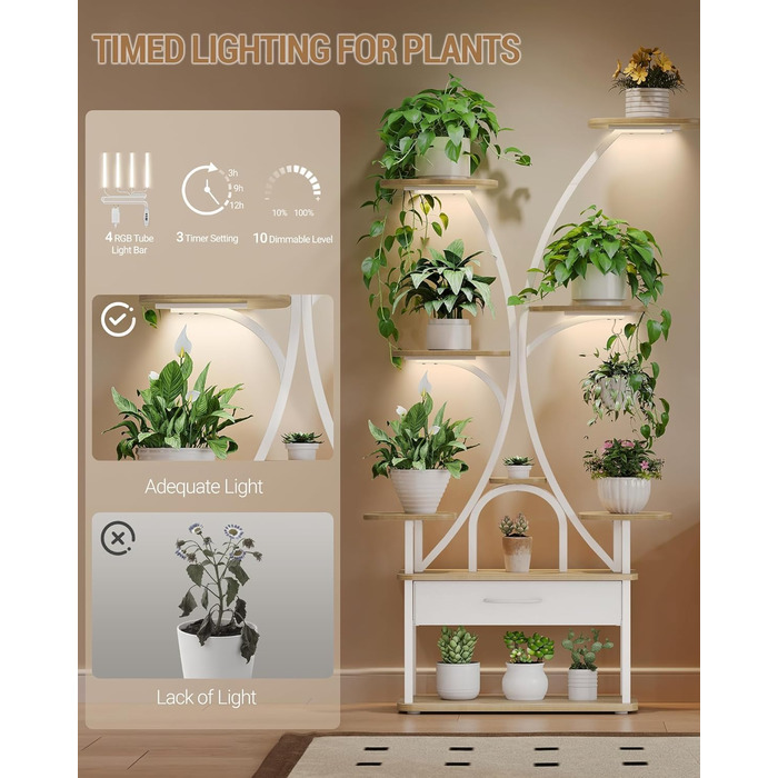 Підставка для рослин Hzuaneri з лампою для вирощування, 9-ярусна підставка для квітів з 4 світлодіодними лампами RG, регульований колір та час, 164 см, ідеально підходить для вітальні, балкона, саду, біла, PS16016WEU 9 ярусів білого кольору