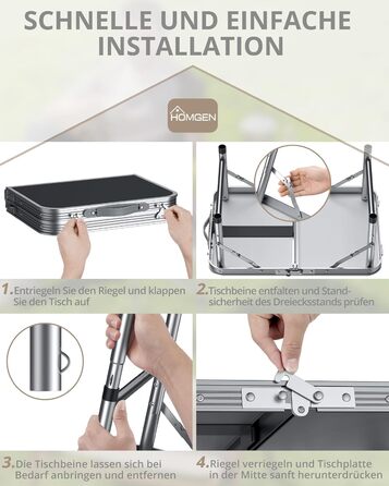 Складаний стіл для пікніка HOMGEN 58x40 см, регульована висота у 3 напрямках, розкладний стіл, стіл для пікніка, балкон, стіл для барбекю, садовий стіл, кемпінговий стіл, легкий та портативний для активного відпочинку, балкону, саду - чорний