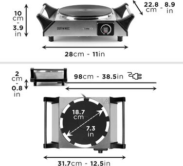 Гаряча плита Duronic HP1 SS електрична одинарна конфорка Плита Варильна поверхня з нержавіючої сталі нержавіюча сталь плавно регульована температура Ручки для перенесення 1500 Вт Кемпінг