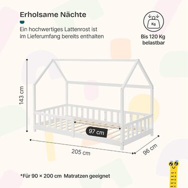 Дитяче ліжко Hesel, домашнє ліжко, біле, 90 x 200 см, із захистом від падіння та рейковою основою, підлогове ліжко Монтессорі, дитяче ліжко, дерев&39яне ліжко