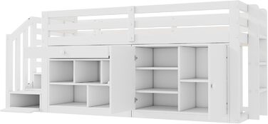 Дитяче ліжко 90x200, ліжко-горище з письмовим столом, шафою для зберігання та сходами для зберігання, дерев&39яне ліжко із захистом від падіння та рейковою основою, односпальне ліжко, дитяче ліжко, функціональне ліжко, ліжко з місцем для зберігання, карка