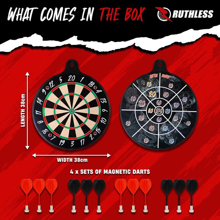 Безжальний Бойова дошка Сімейна гра в дартс, двостороння Магнітна Включає 4 набори магнітних дротиків