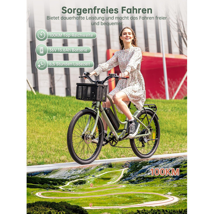 Міський електровелосипед Touroll B2 26 дюймів з двигуном 250 Вт 50 Нм та знімним акумулятором 36 В 561,6 Втгод, міський велосипед з педелектом, електричний велосипед, 25 км/год, запас ходу 100 км, електровелосипеди для дорослих, чоловіків та жінок, міськи