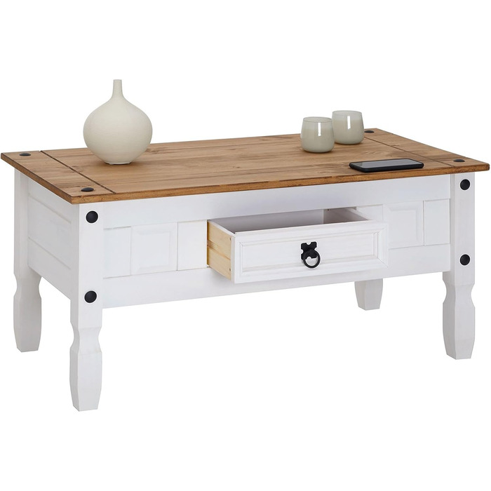 Журнальний столик CARO Furniture Campo в мексиканському стилі, стіл для вітальні/приставний столик, масив сосни, коричневий/білий лак, з 1 шухлядою