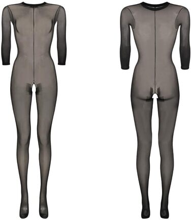 Сексуальний жіночий бодістокінг з прозорої сітки, чорний, довгі рукави, з відкритим доступом в інтимній зоні